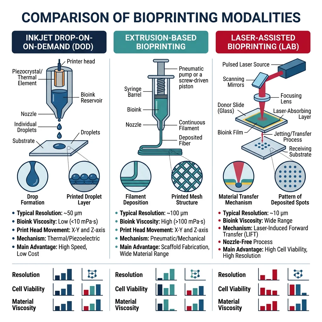 Three bioprinting modalities comparison showing inkjet drop-on-demand, extrusion-based, and laser-assisted bioprinting techniques