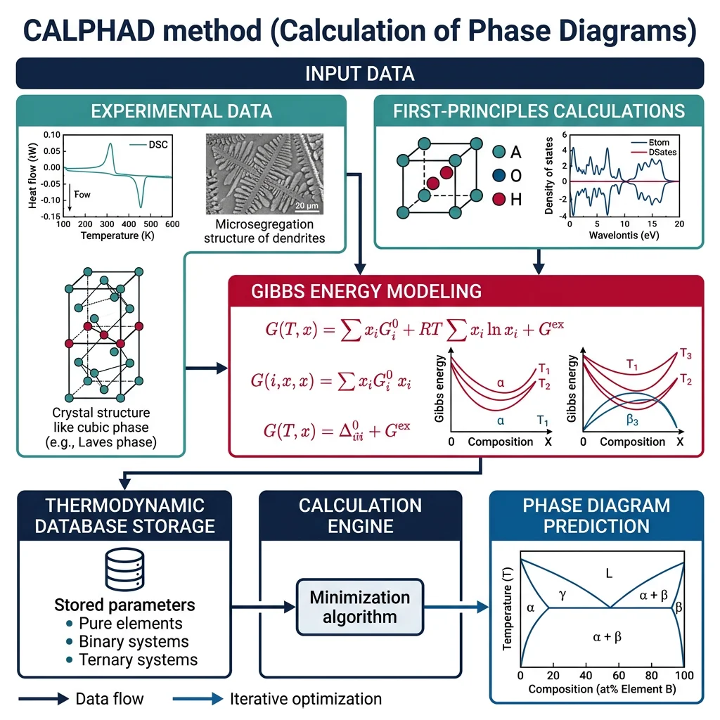 Flowchart of the CALPHAD method showing experimental data input, Gibbs energy modeling, database storage, and phase diagram prediction output