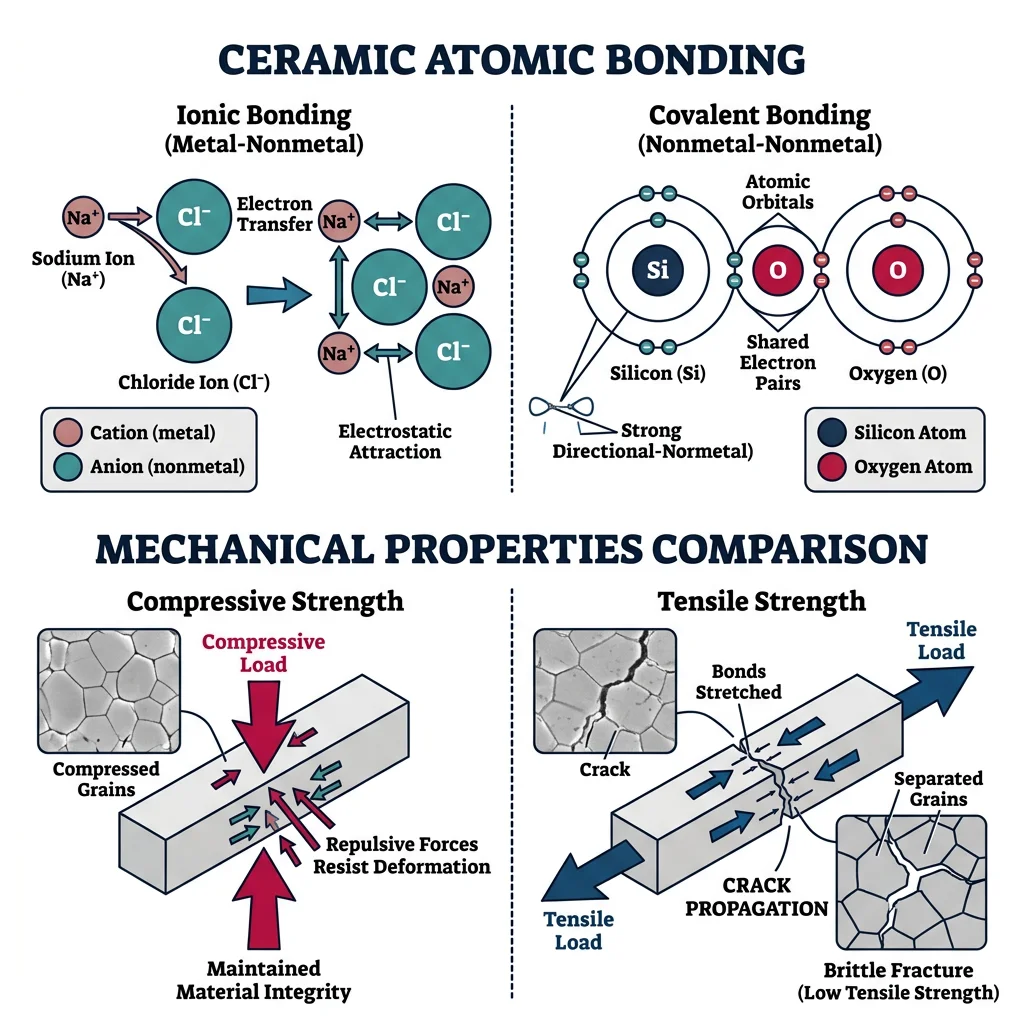 Ceramic atomic bonding diagram showing ionic and covalent bonds between metal and non-metal atoms, with comparison of compressive vs tensile strength