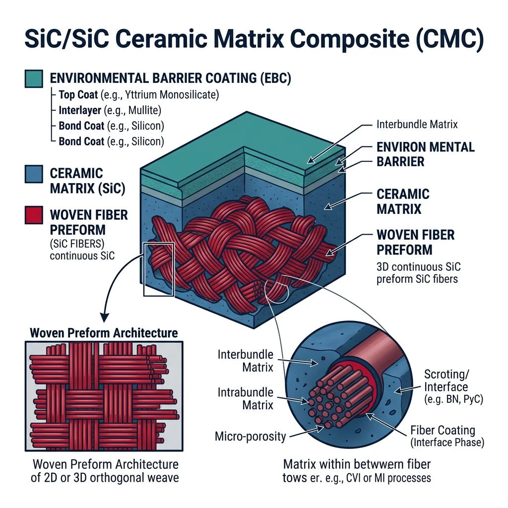 Cross-section of a SiC/SiC ceramic matrix composite showing woven fiber preform embedded in ceramic matrix with environmental barrier coating