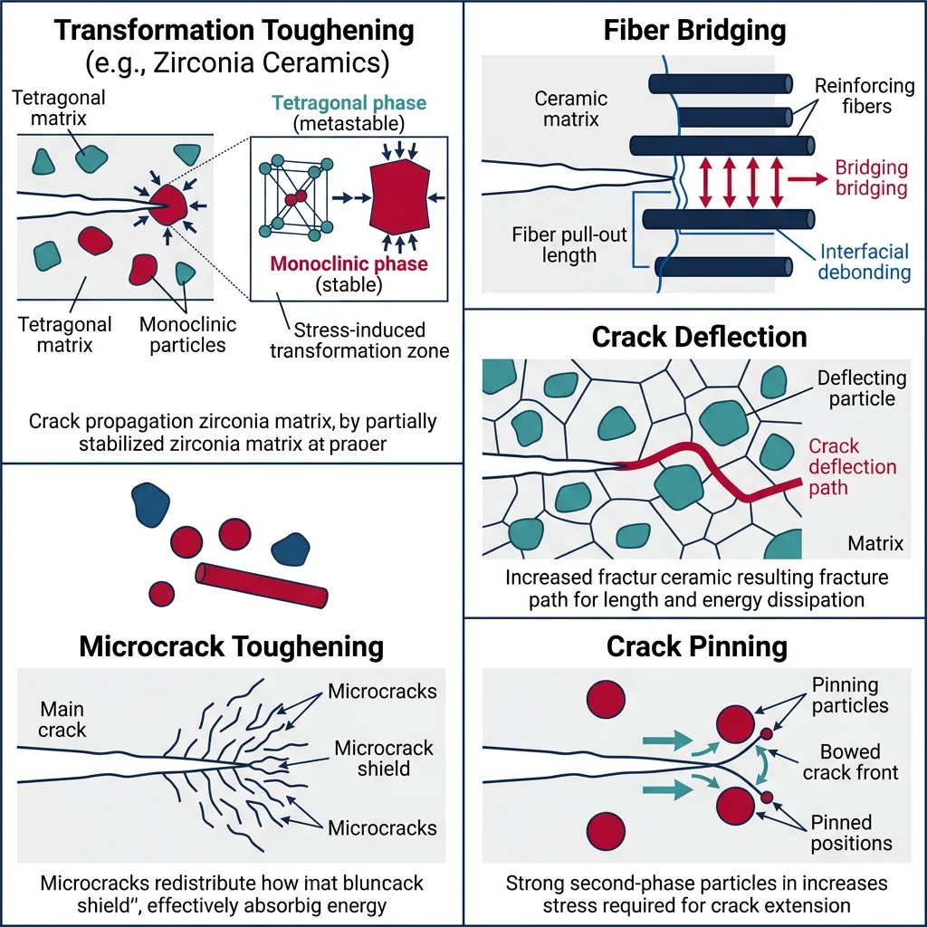 Comparison diagram of five ceramic toughening mechanisms: transformation toughening, fiber bridging, crack deflection, microcrack toughening, and crack pinning