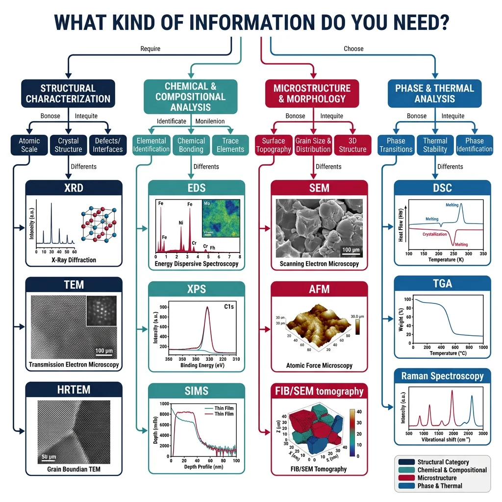 Characterization technique selection decision tree matching information type to appropriate analytical methods