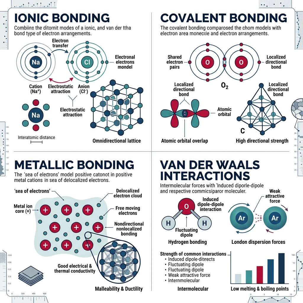 Comparison diagram of ionic, covalent, metallic, and van der Waals bond types with electron arrangements