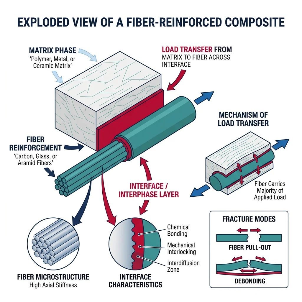 Exploded view of a fiber-reinforced composite showing matrix, fiber reinforcement, and interface layer with load transfer arrows