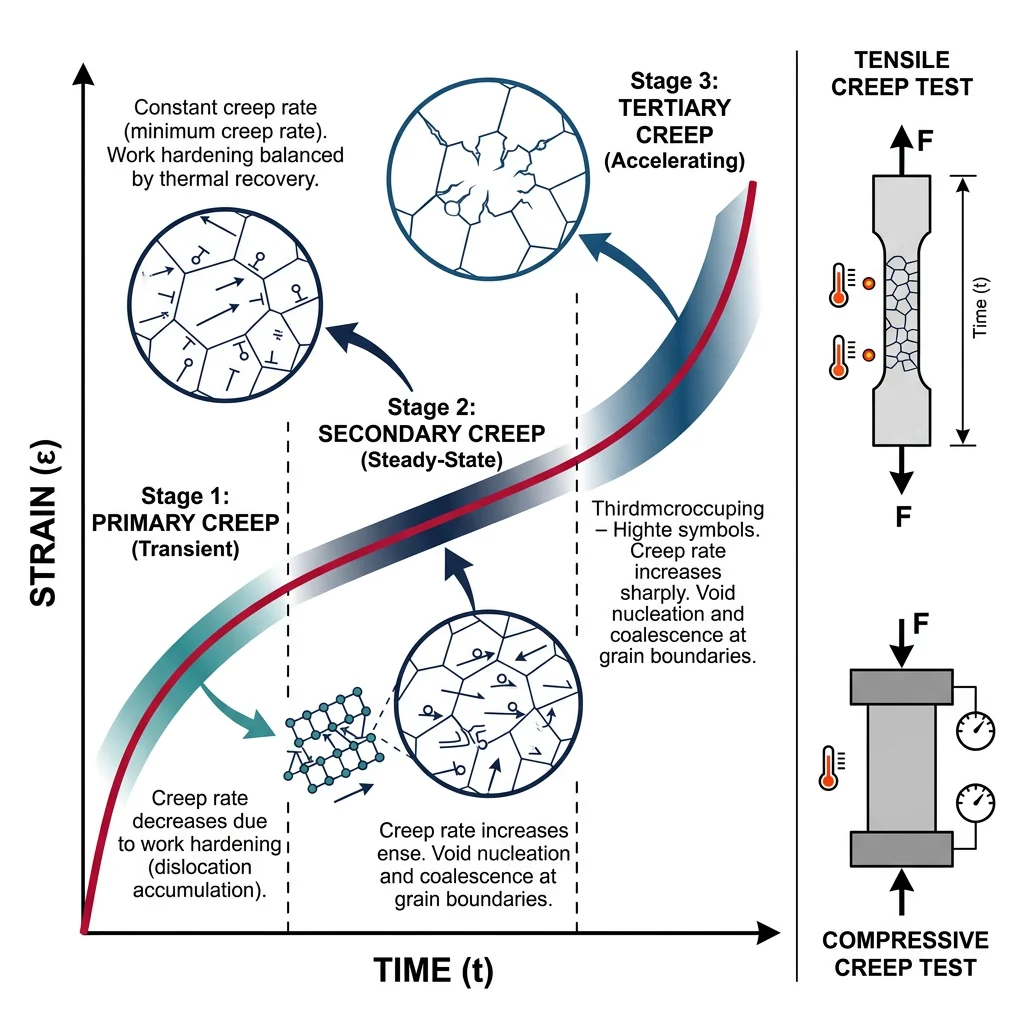 Creep curve showing strain vs time with three stages: primary (decreasing rate), secondary (steady state), and tertiary (accelerating to rupture)