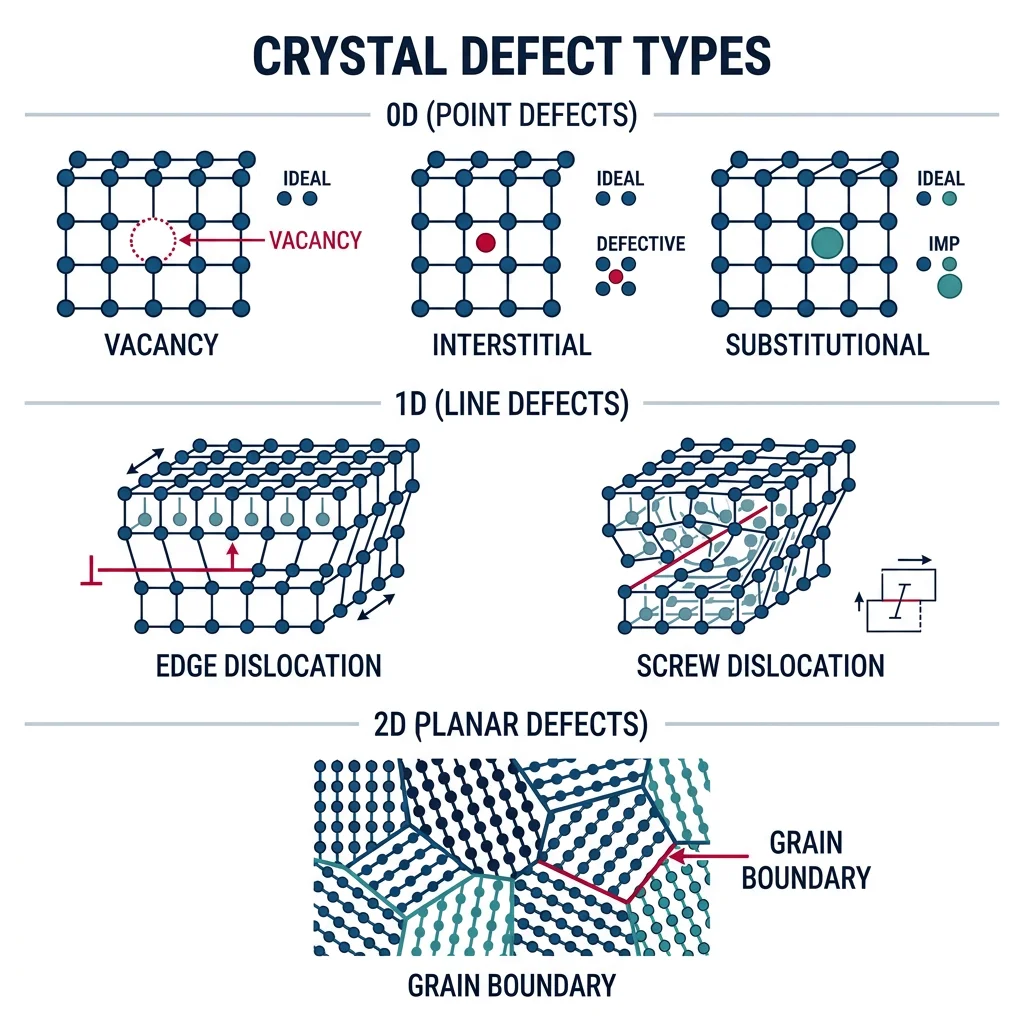 Illustration of crystal defect types: vacancy, interstitial, substitutional (point), edge and screw dislocation (line), and grain boundary (planar)