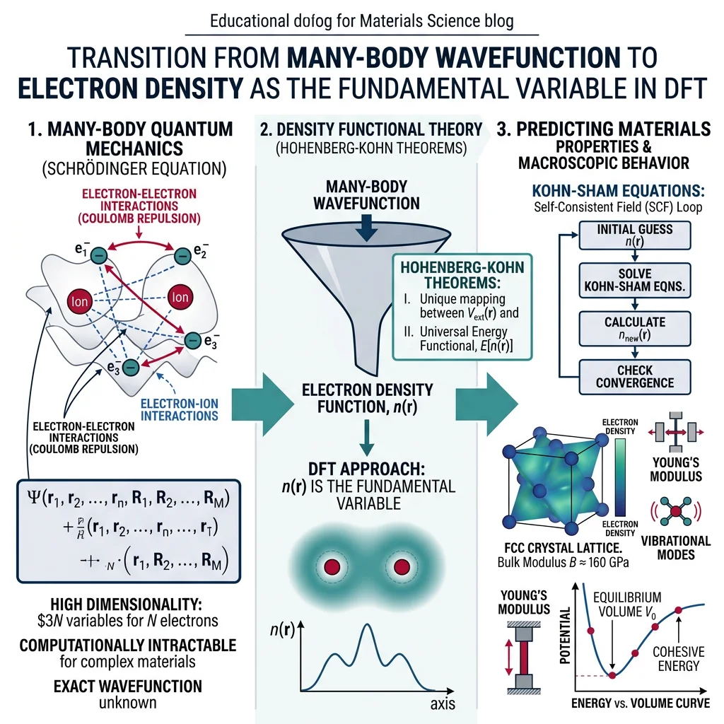 Density functional theory concept showing transition from many-body wavefunction to electron density as the fundamental variable