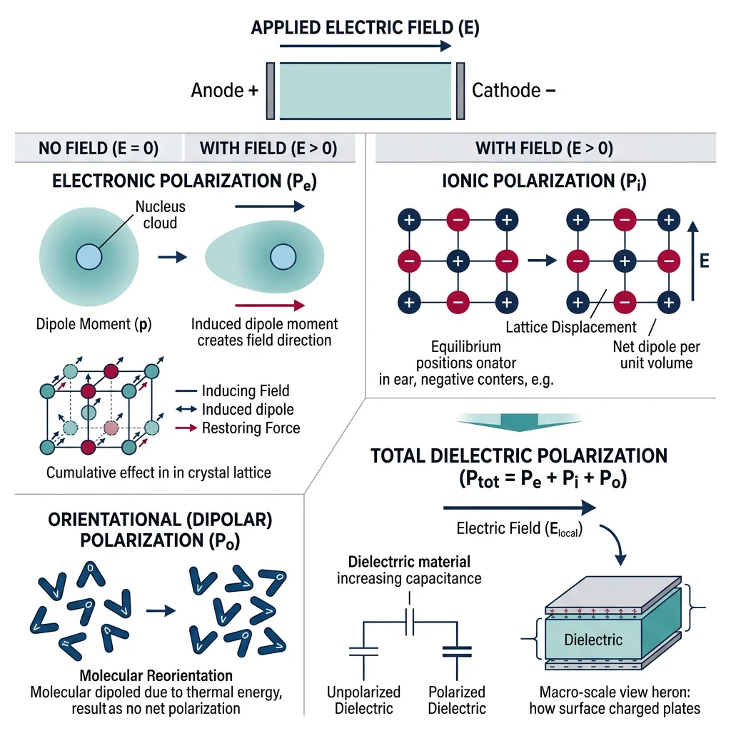 Dielectric polarization diagram showing electronic, ionic, and orientational polarization mechanisms in an applied electric field