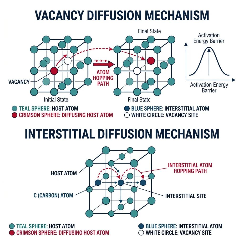 Diagram showing vacancy diffusion and interstitial diffusion mechanisms in a crystal lattice with atom hopping paths