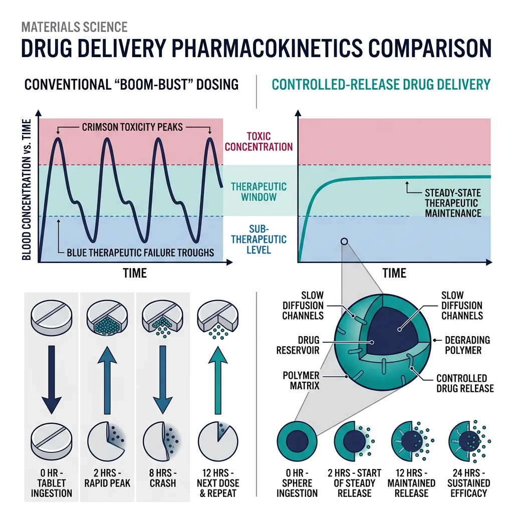 Drug delivery pharmacokinetics comparison showing conventional boom-bust dosing versus controlled-release therapeutic window maintenance