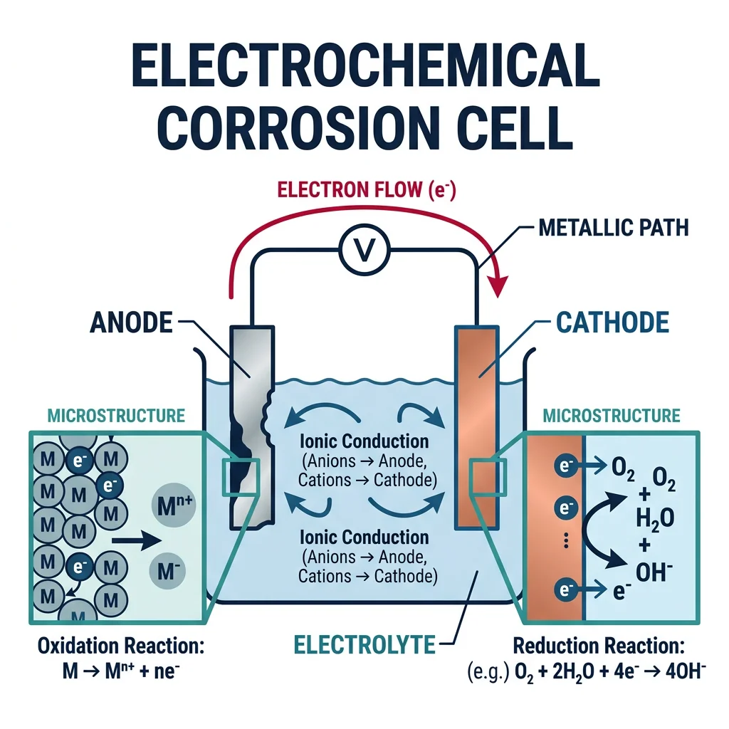 Electrochemical corrosion cell diagram showing anode, cathode, electrolyte, and metallic path components