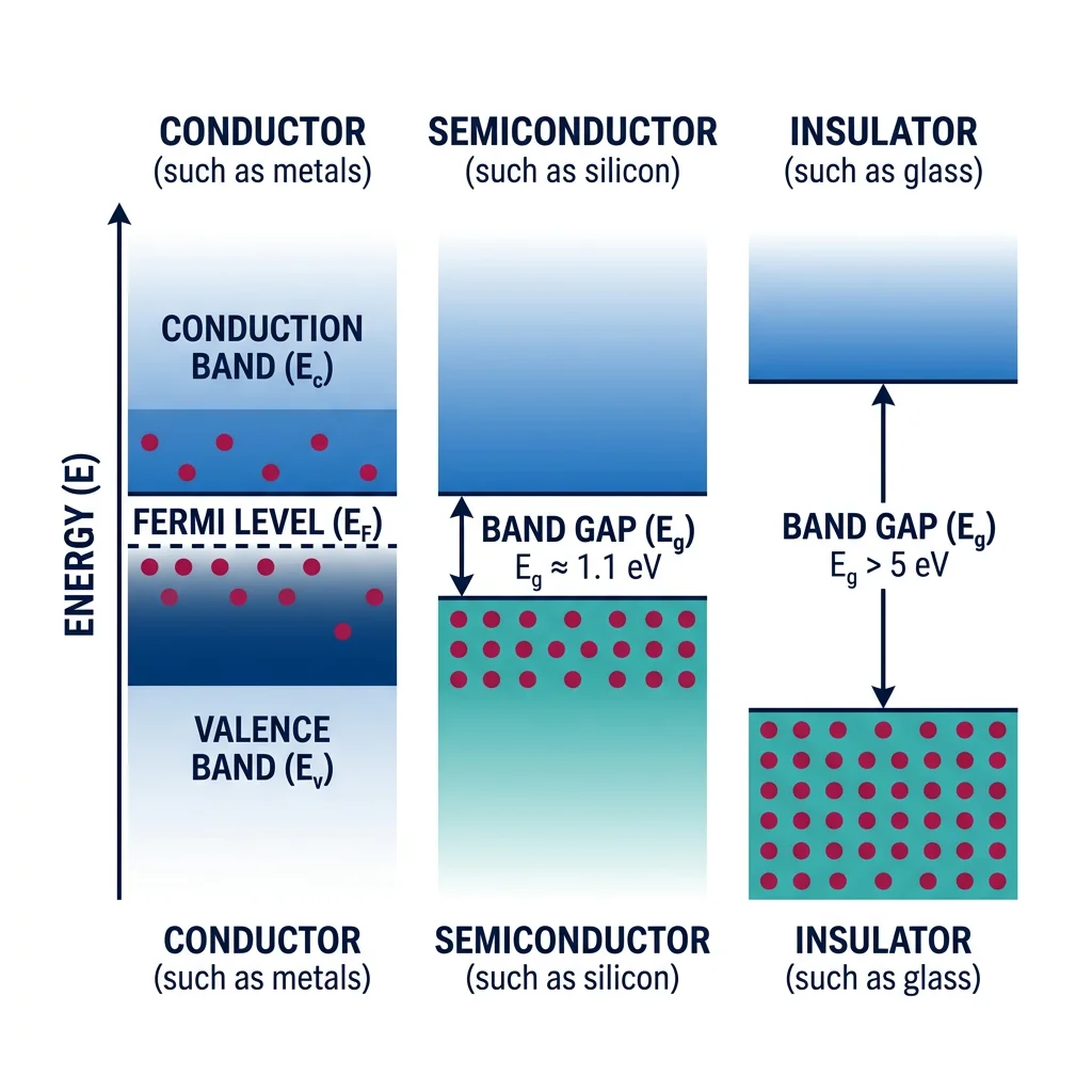 Energy band diagram comparing conductors, semiconductors, and insulators with valence band, conduction band, and band gap