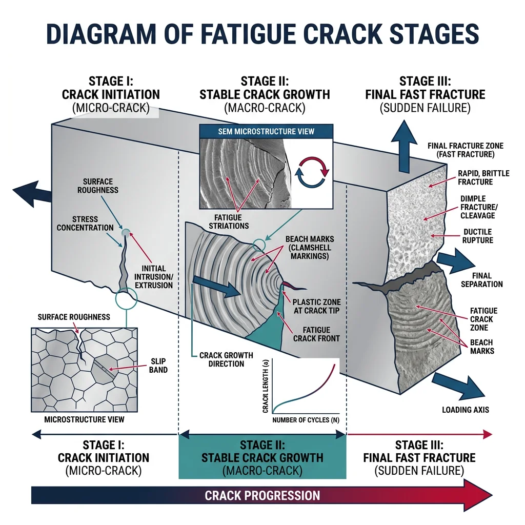 Diagram showing fatigue crack stages: initiation at stress concentration, stable crack growth with beach marks, and final fast fracture