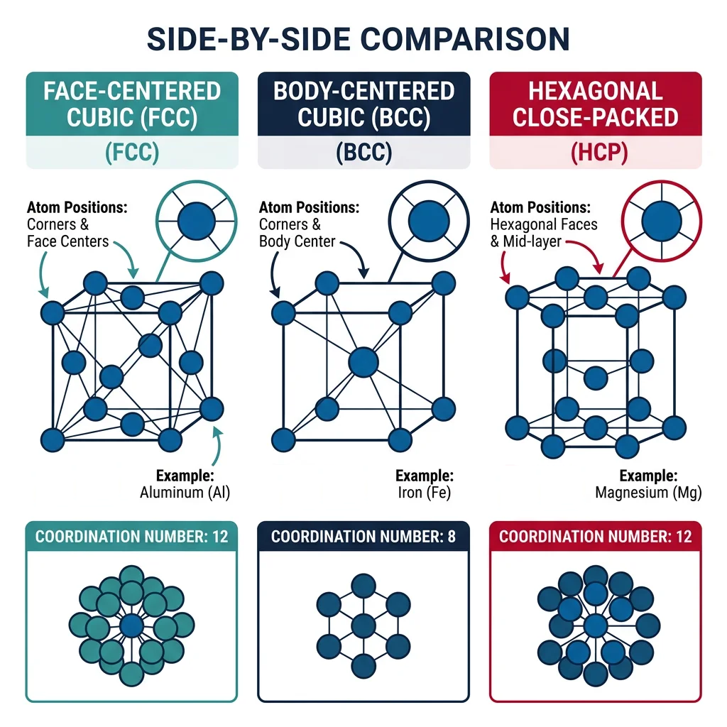 Side-by-side comparison of FCC, BCC, and HCP crystal unit cells showing atom positions and coordination numbers
