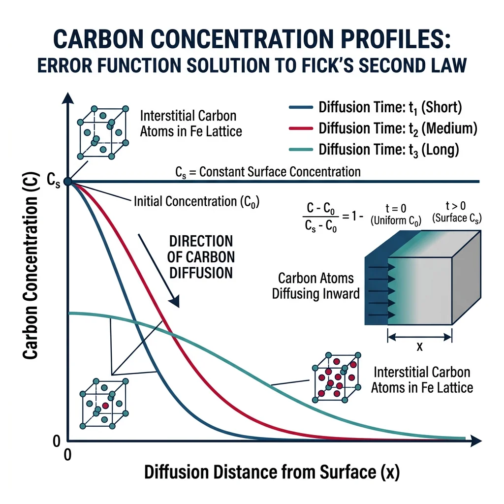 Graph showing carbon concentration profiles at different diffusion times using the error function solution to Fick's second law