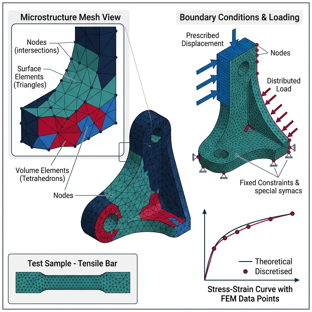 Finite element method mesh discretization showing a complex geometry divided into triangular and tetrahedral elements with nodes and boundary conditions