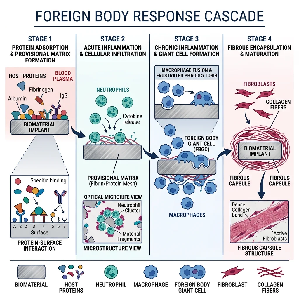 Foreign body response cascade showing protein adsorption, acute inflammation, chronic inflammation, and fibrous encapsulation stages