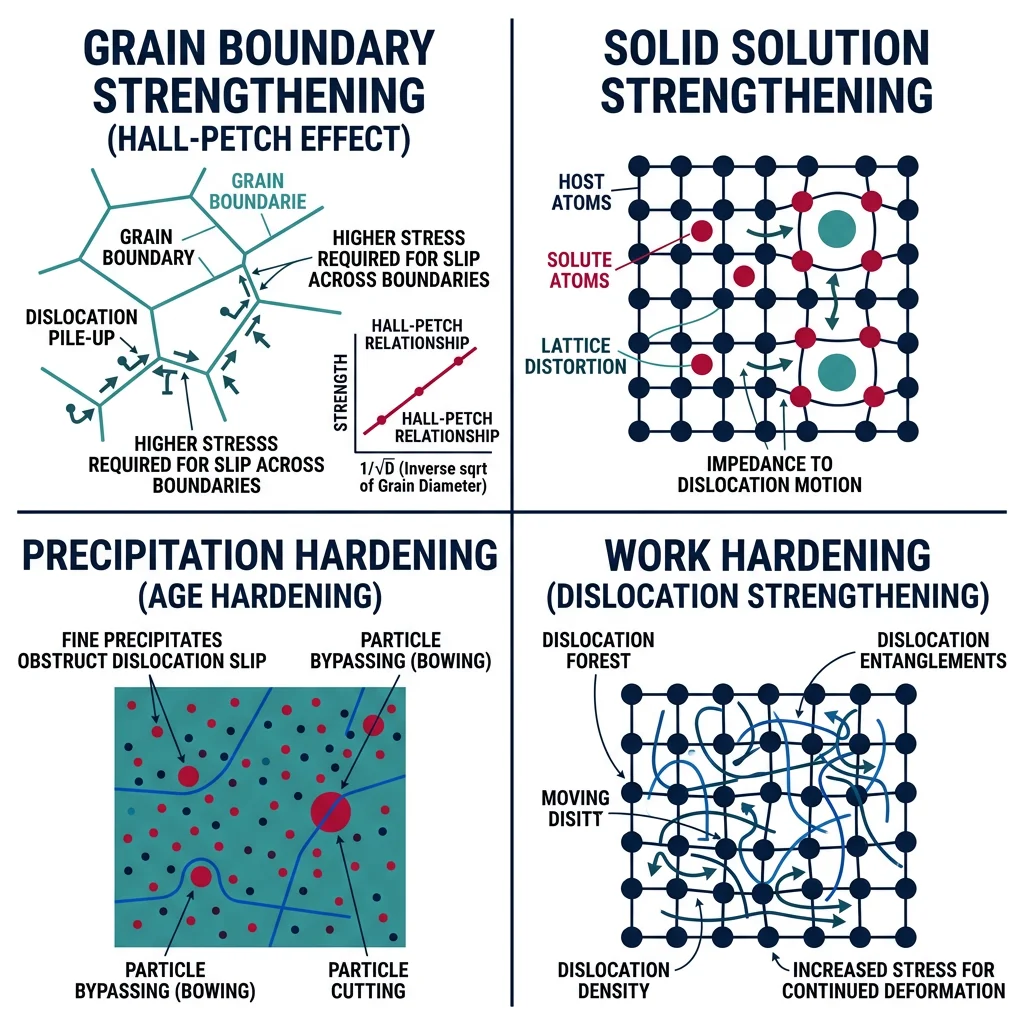 Diagram illustrating four metal strengthening mechanisms: grain boundary blocking, solid solution distortion, precipitation hardening particles, and dislocation tangling
