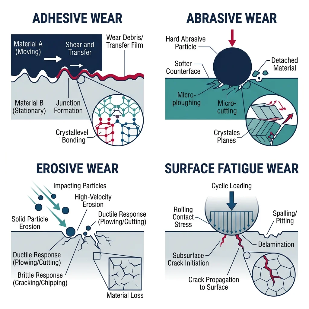 Four primary wear mechanisms showing adhesive, abrasive, erosive, and surface fatigue wear at microscopic scale