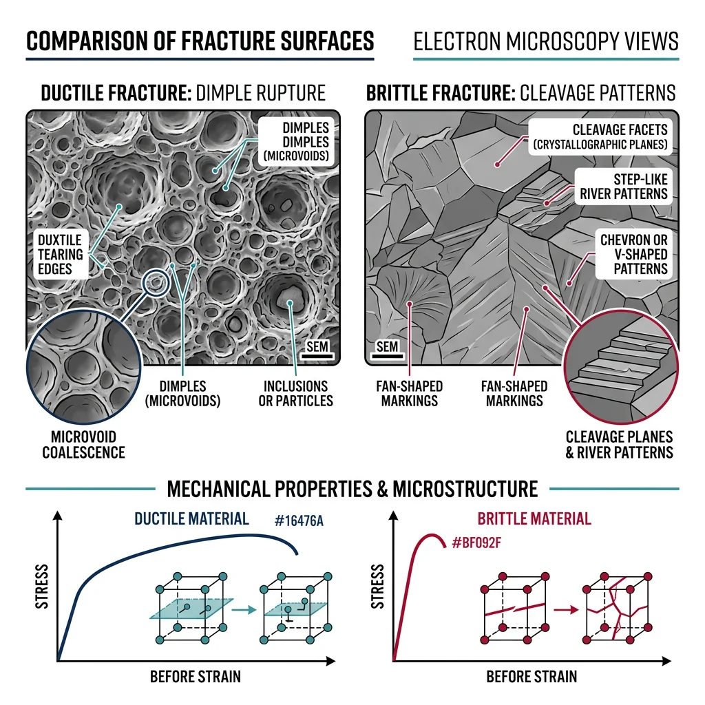Fracture surface comparison showing ductile dimpled rupture versus brittle cleavage patterns under electron microscopy
