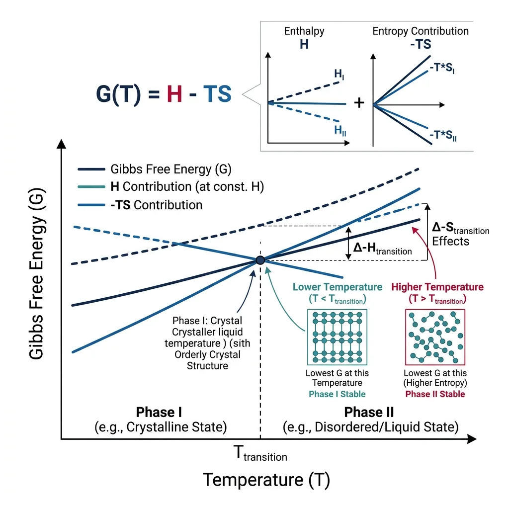 Diagram showing Gibbs free energy vs temperature with enthalpy and entropy contributions, illustrating phase stability crossover