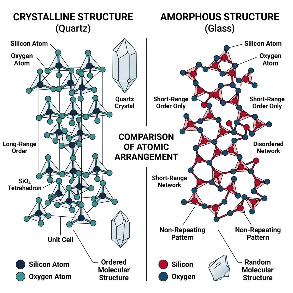 Side-by-side comparison of crystalline and amorphous glass atomic arrangements, showing ordered lattice versus random network structure