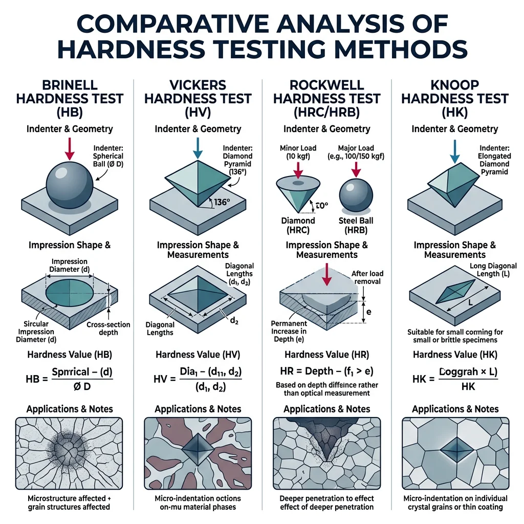 Comparison of Brinell, Vickers, Rockwell, and Knoop hardness test indenters with their impression shapes and measurement methods