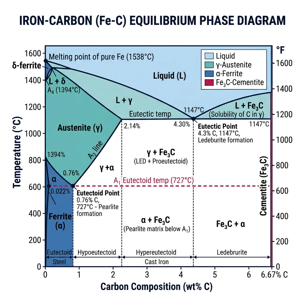 Iron-carbon equilibrium phase diagram showing phase regions for ferrite, austenite, cementite, and liquid with key transformation temperatures