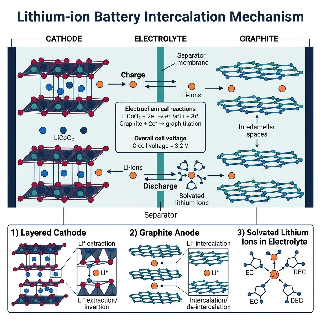Lithium-ion battery intercalation mechanism showing lithium ions shuttling between layered cathode and graphite anode through electrolyte