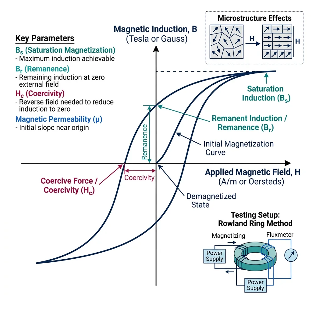 B-H hysteresis loop for a ferromagnetic material showing saturation magnetization, remanence, and coercivity with labeled regions
