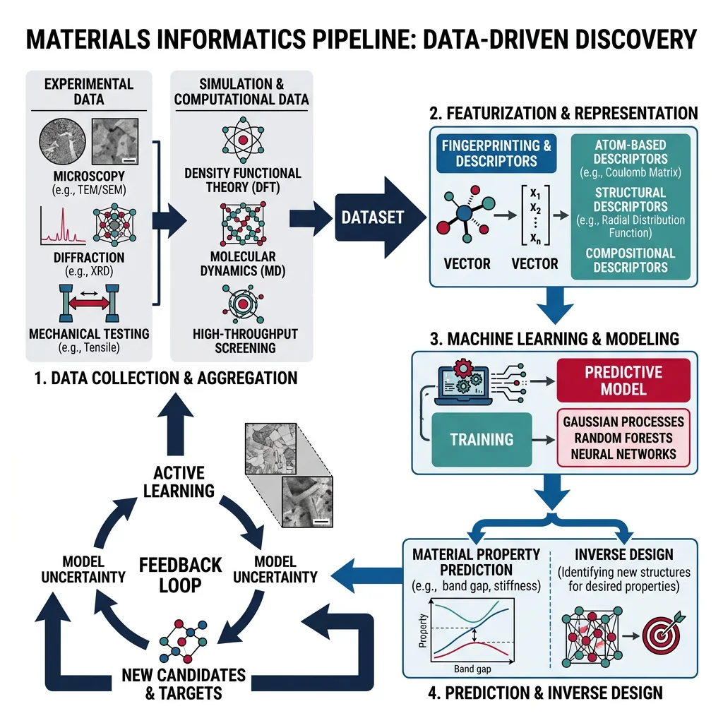 Materials informatics pipeline showing data collection from experiments and simulations flowing through featurization, machine learning, and active learning to predict new materials