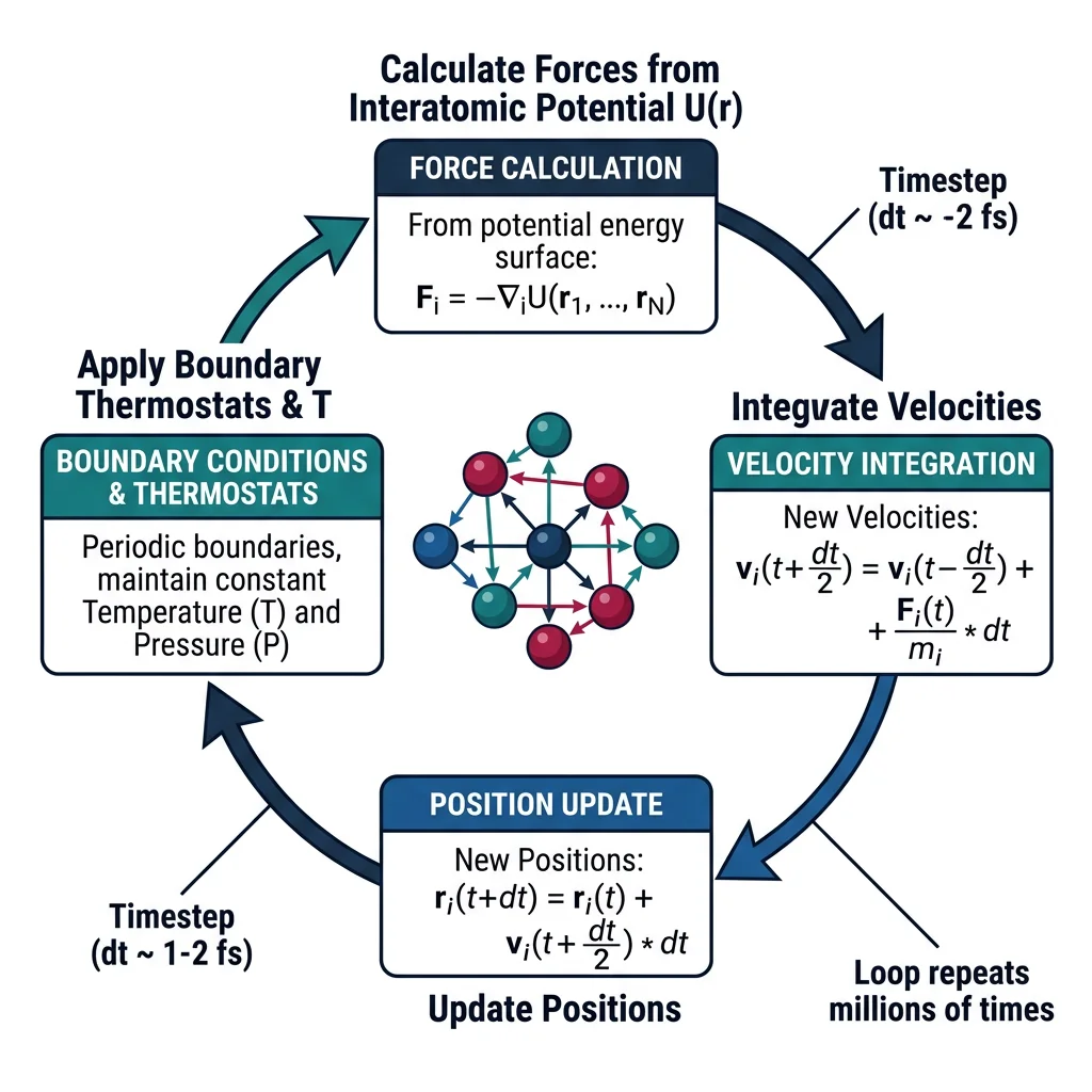 Molecular dynamics simulation workflow showing force calculation, velocity integration, and position update loop with interatomic potential