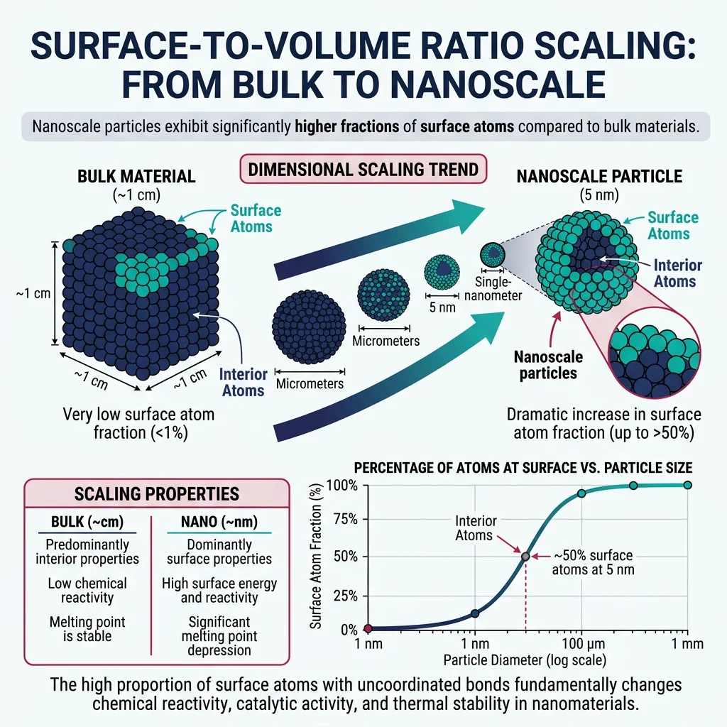 Surface-to-volume ratio scaling diagram showing how nanoscale particles have dramatically higher surface atom fractions than bulk materials