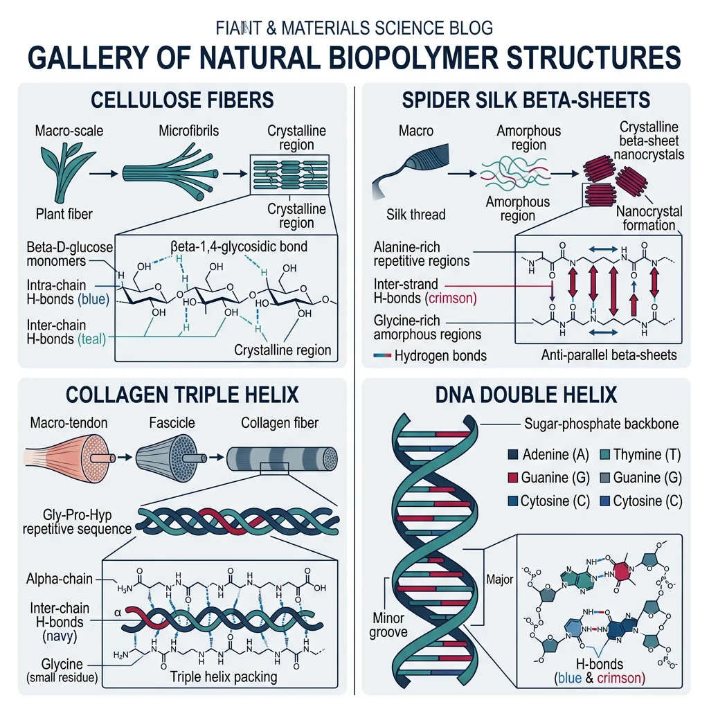 Gallery of natural biopolymer structures including cellulose fibers, spider silk beta-sheets, collagen triple helix, and DNA double helix