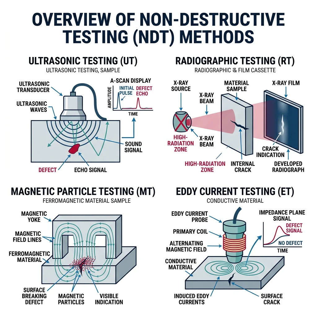 Non-destructive testing methods overview showing ultrasonic, radiographic, magnetic particle, and eddy current inspection techniques