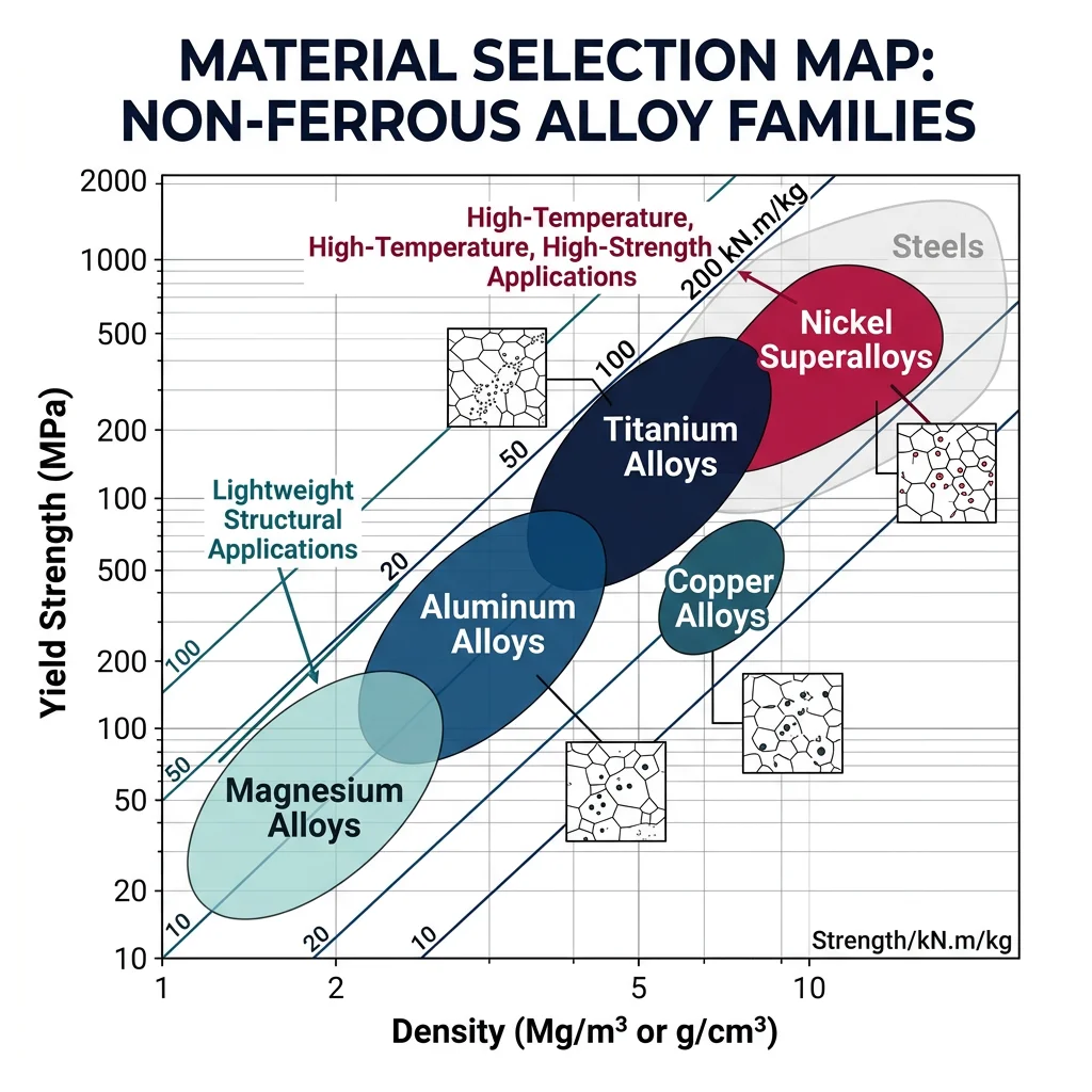 Ashby-style density versus yield strength chart comparing aluminum, titanium, copper, magnesium, and nickel superalloy families