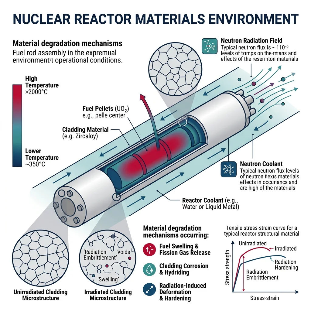 Nuclear reactor materials environment showing fuel rod assembly, neutron radiation field, and temperature gradients across cladding