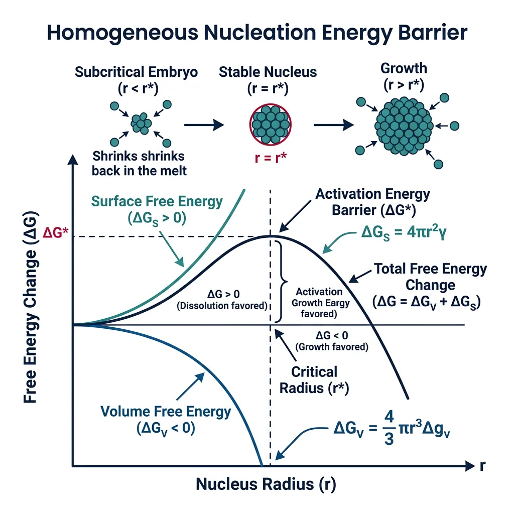 Diagram showing nucleation energy barrier with critical radius, volume free energy, and surface energy contributions