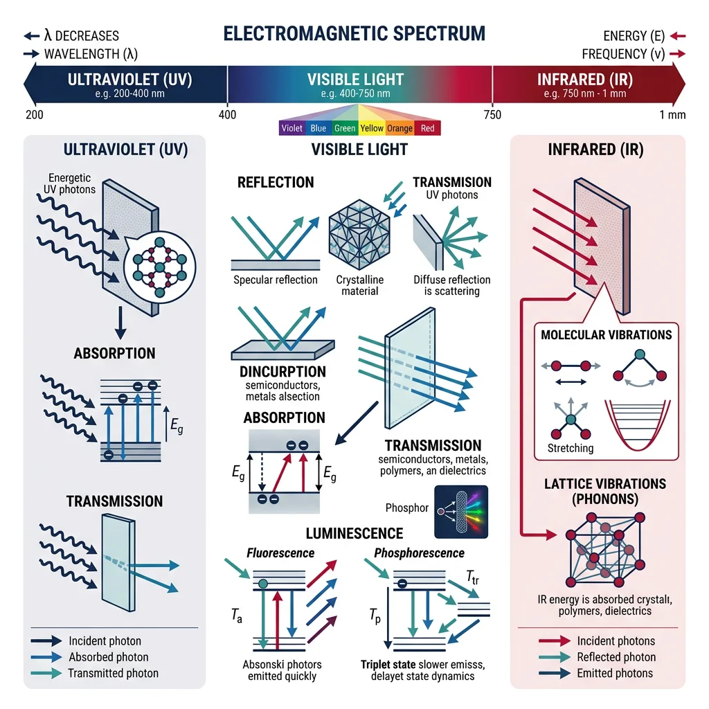 Electromagnetic spectrum interaction with materials showing absorption, transmission, reflection, and luminescence phenomena across UV, visible, and IR wavelengths