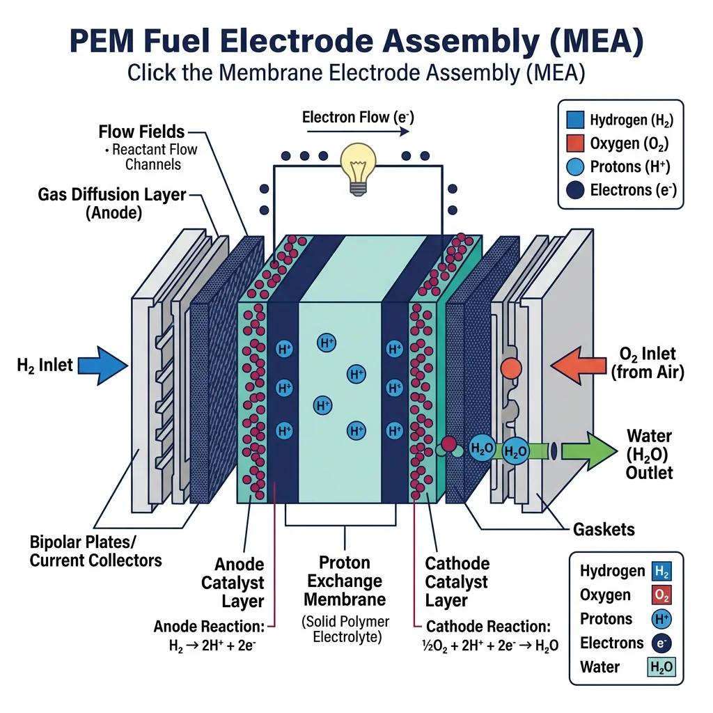 PEM fuel cell cross-section showing membrane electrode assembly with hydrogen anode, oxygen cathode, and proton exchange membrane