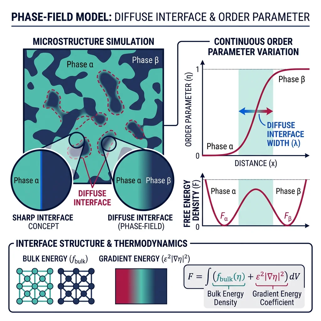 Phase-field model showing diffuse interface between two phases with continuous order parameter varying smoothly across the boundary