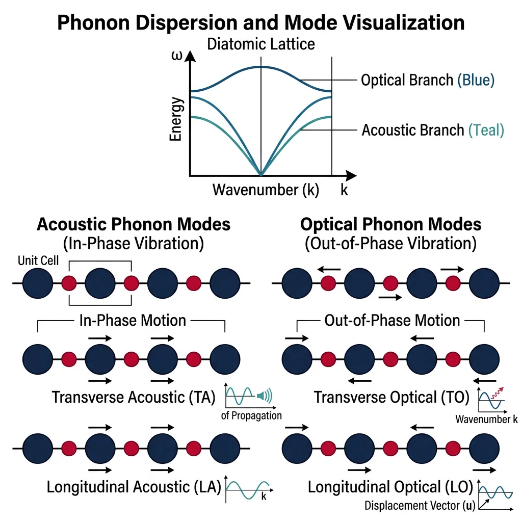 Diagram showing acoustic and optical phonon modes with atoms vibrating in-phase and out-of-phase in a crystal lattice