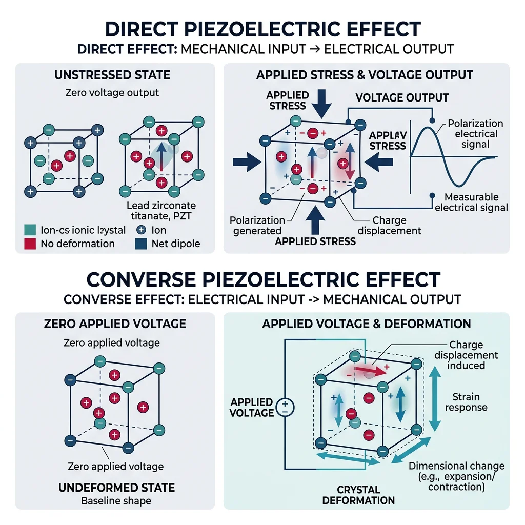 Piezoelectric effect diagram showing direct effect (stress to voltage) and converse effect (voltage to deformation) in a crystal