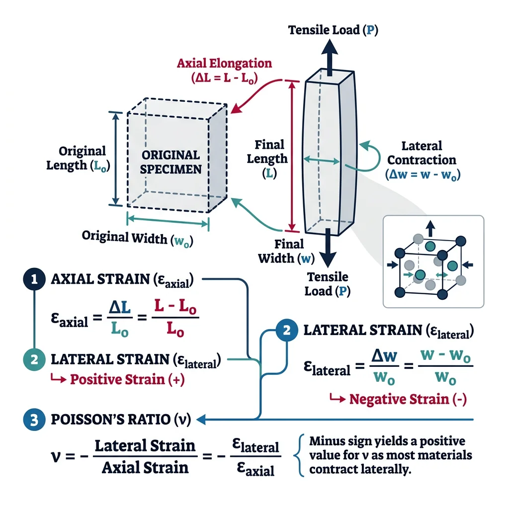 Diagram showing Poisson's ratio effect: a tensile specimen elongating axially while contracting laterally, with strain annotations