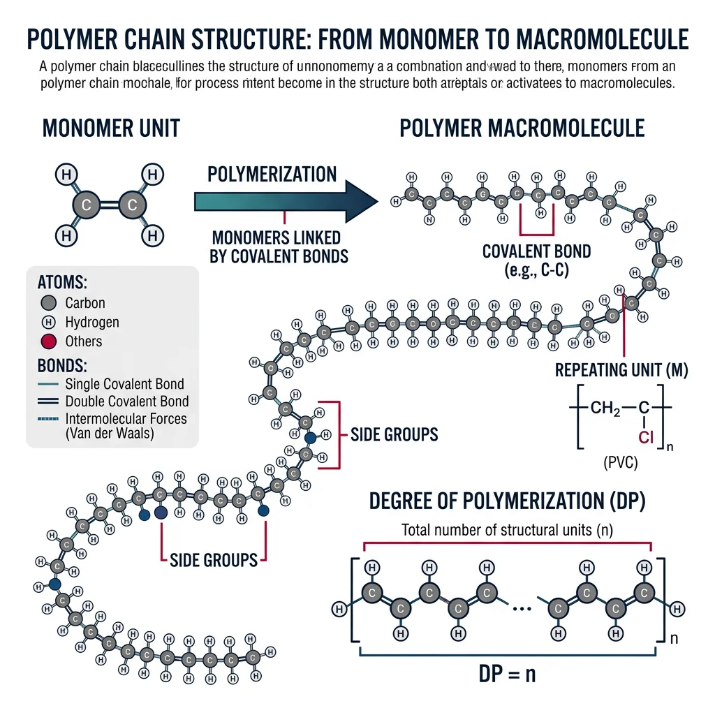 Polymer chain structure showing monomers linked by covalent bonds into a long macromolecule, with degree of polymerization labeled