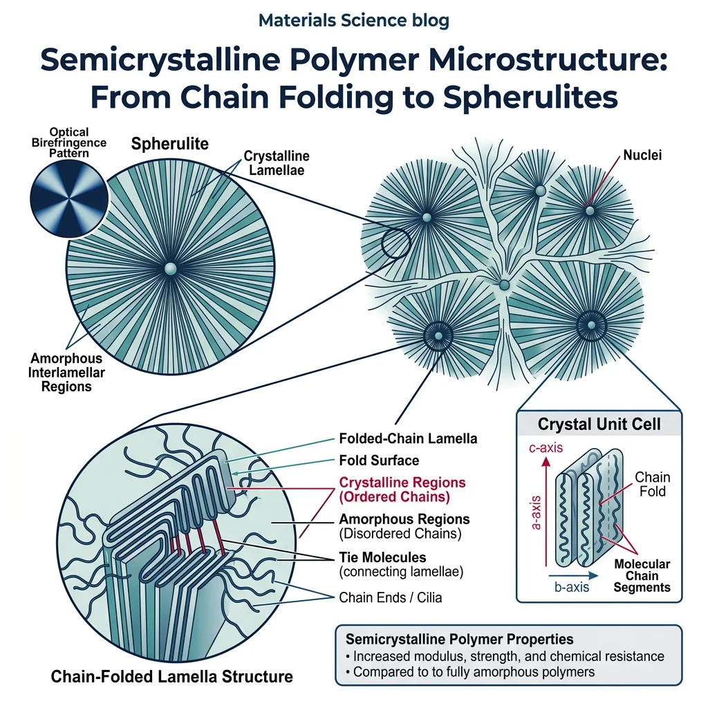 Semicrystalline polymer structure showing folded-chain lamellae radiating outward into spherulites with amorphous regions between