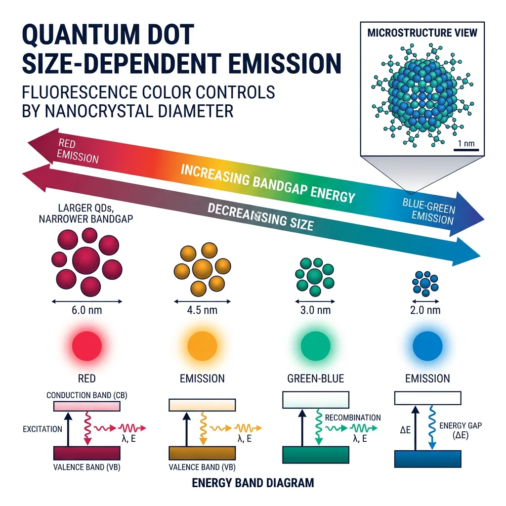 Quantum dot size-dependent emission showing how nanocrystal diameter controls fluorescence color from red to blue
