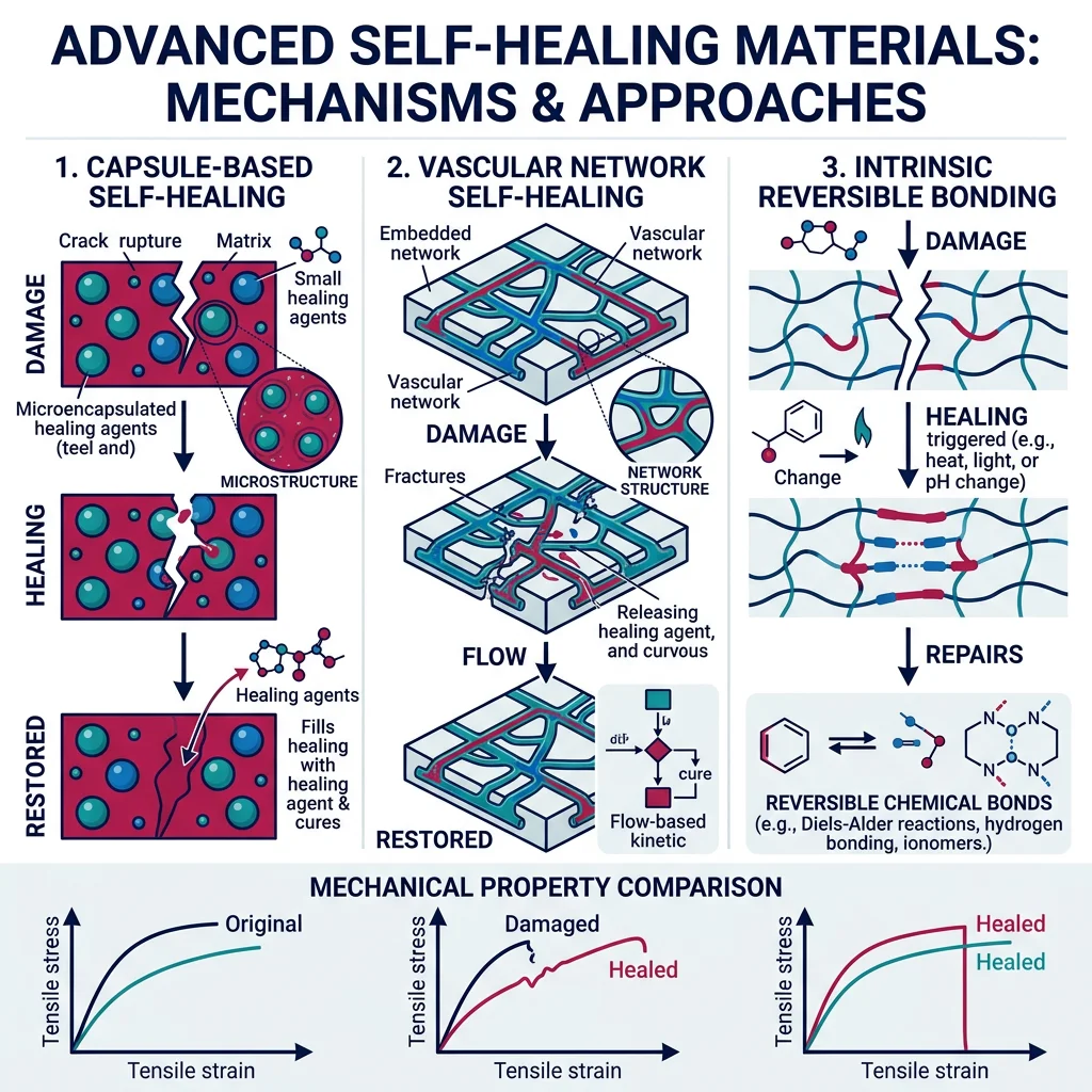 Three self-healing material approaches showing capsule-based, vascular network, and intrinsic reversible bonding mechanisms
