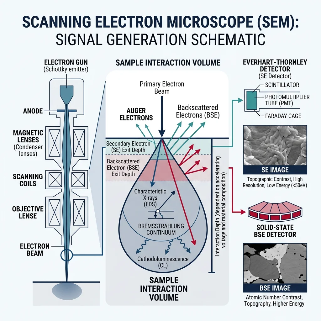 Scanning electron microscope schematic showing electron beam, sample interaction volume, and secondary electron and backscattered electron signal generation