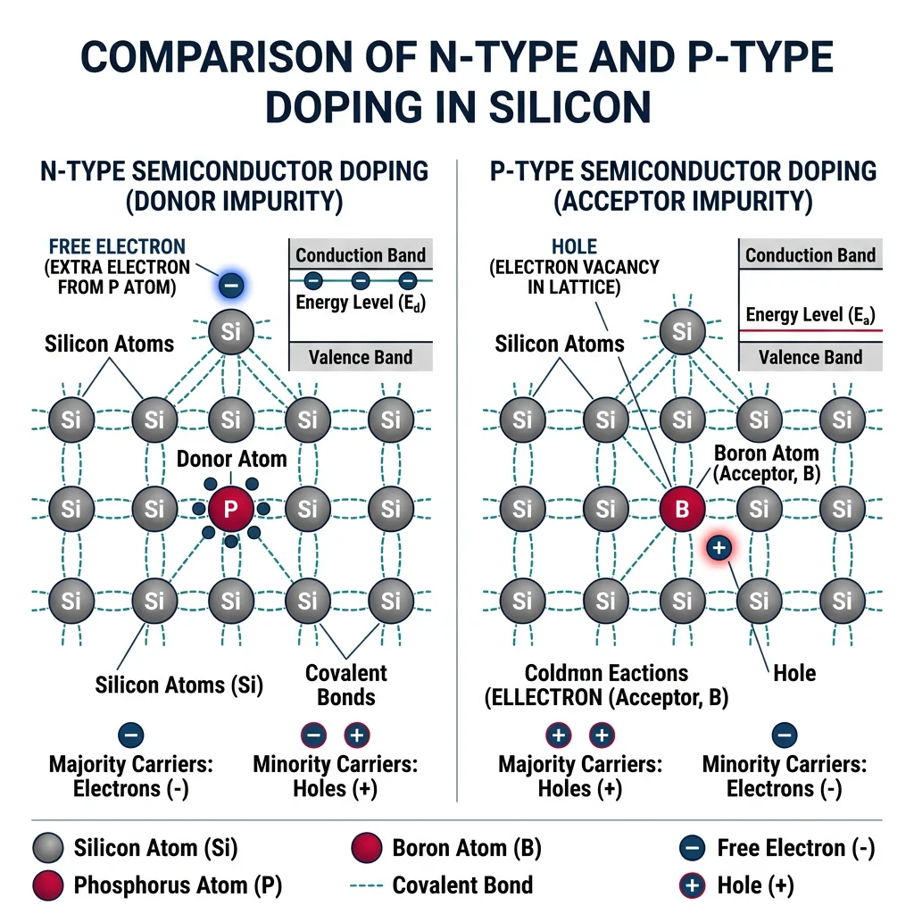 Comparison of n-type and p-type semiconductor doping showing donor and acceptor atoms in a silicon crystal lattice with free electrons and holes